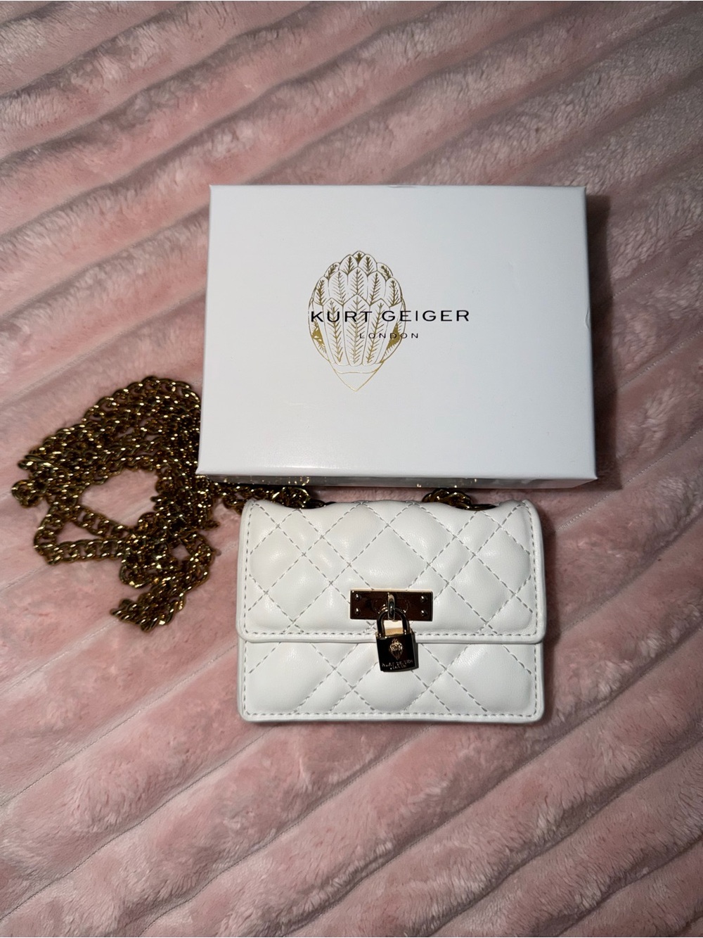Kurt Geiger White Quilted Mini Crossbody with Gold Chain